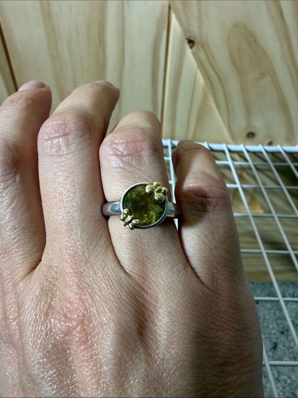 Two-Tone Silver Ring with Olive-Green Center Stone